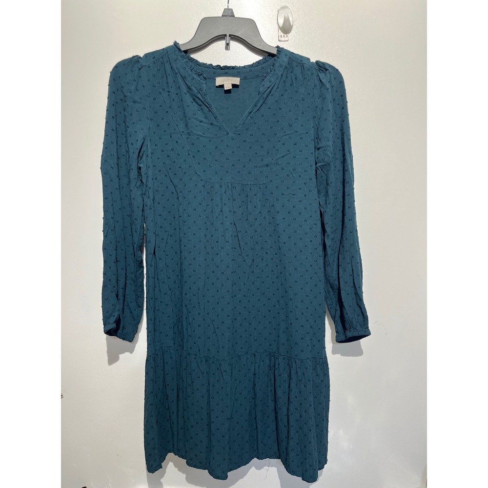 LOFT Outlet Teal Green Clip Dot Tiered V-Neck Ruffle Shift Dress XS Long Sleeve